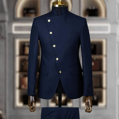 Fashion Stand Collar Men Suits 2 Piece Formal Single Breasted Smart Casual Outfits Solid Color Chic Wedding Party Slim Male Suit