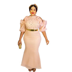 Stylish Sparkly Diamond Women Evening Party Dress High Collar Ruffles Cold Shoulder Short Sleeve With Belt Wedding Occasion Gown