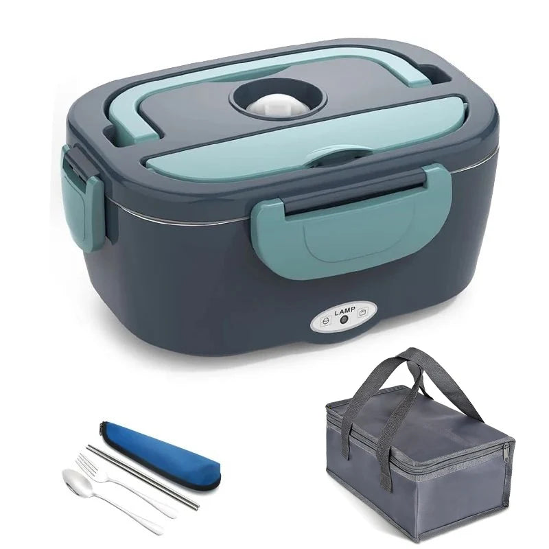 Black stainless steel 2-in-1 electric lunch box with 220V, 110V, 24V, 12V car, truck, office food warmer and heater.