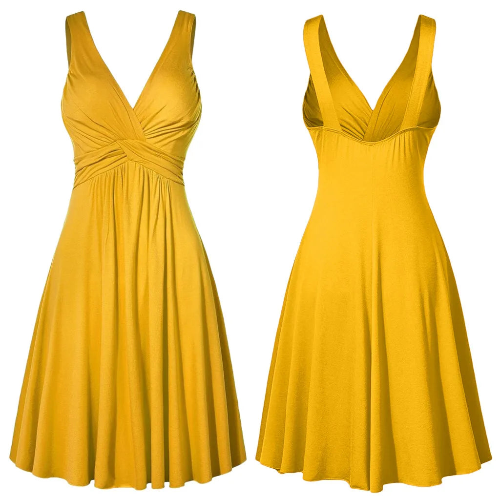 Plus Size Sling Pleated Slim Flare Skirt Dresses Women V-neck Cocktail Party Dress Gown Retro Vestidos de fiesta Female Sundress SHOWLU FASHION STORE