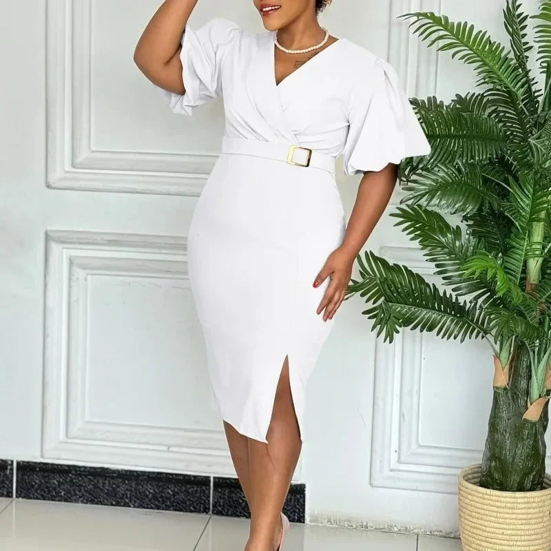 Elegant African dashiki dress for women featuring short sleeves, V-neck, bodycon fit, and vibrant summer African clothing style.