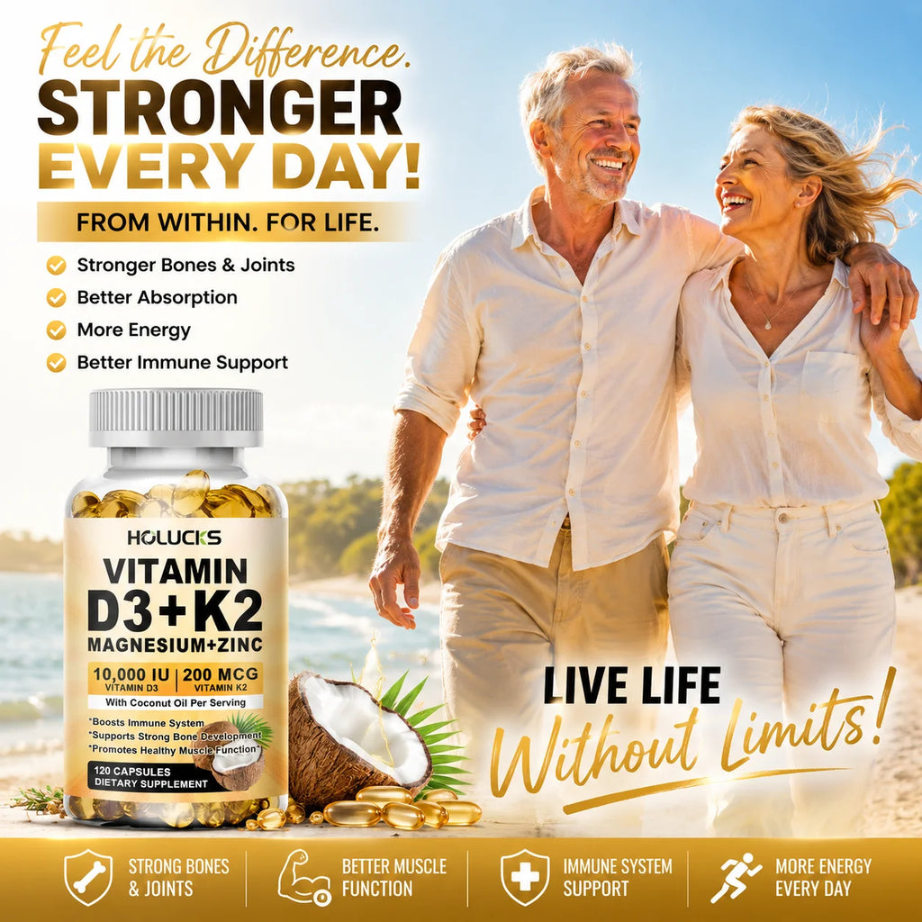 Vitamin D3 K2 Capsule, with Coconut Oil, Promotes Strong Bones, for Teeth,Heart Cardiovascular Health, Magnesium+Zinc Supplement