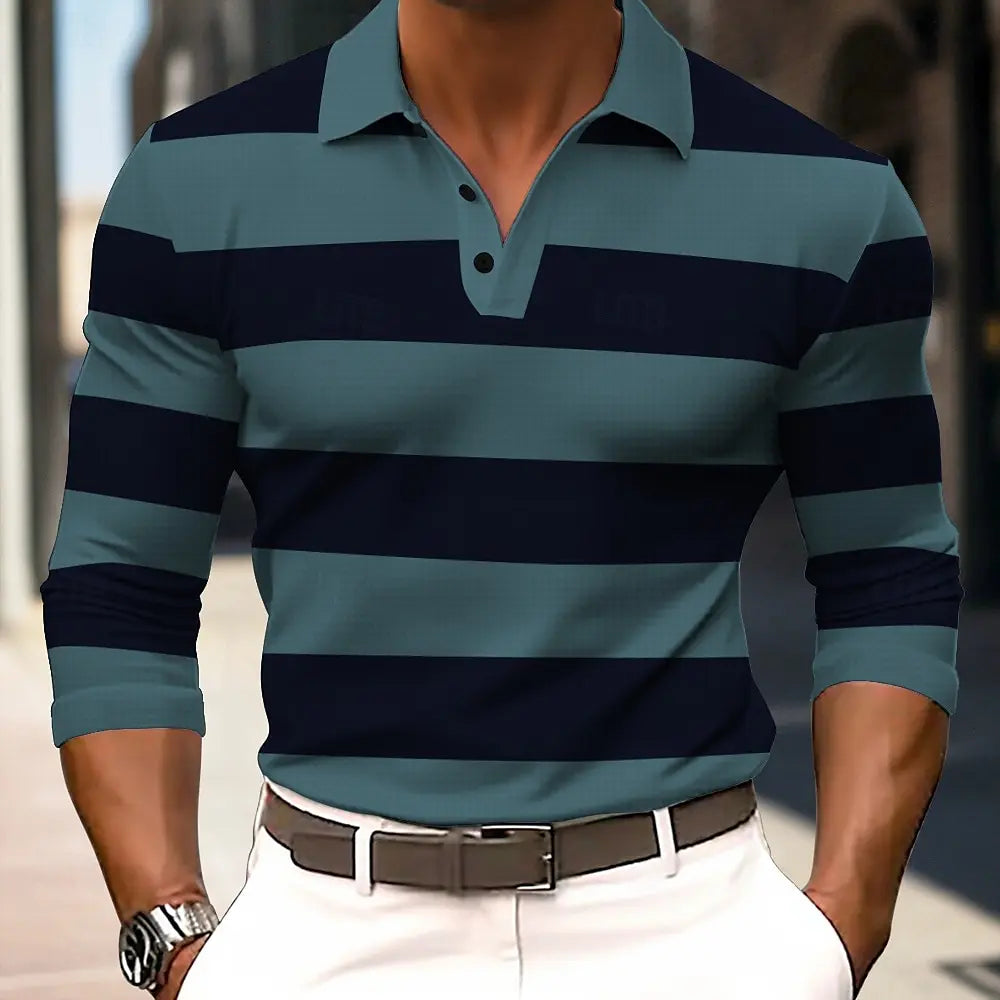 Men's striped rugby long sleeve polo shirt with lapel, casual sportswear, suitable for outdoor, office, and daily wear, by Showlu Fashion