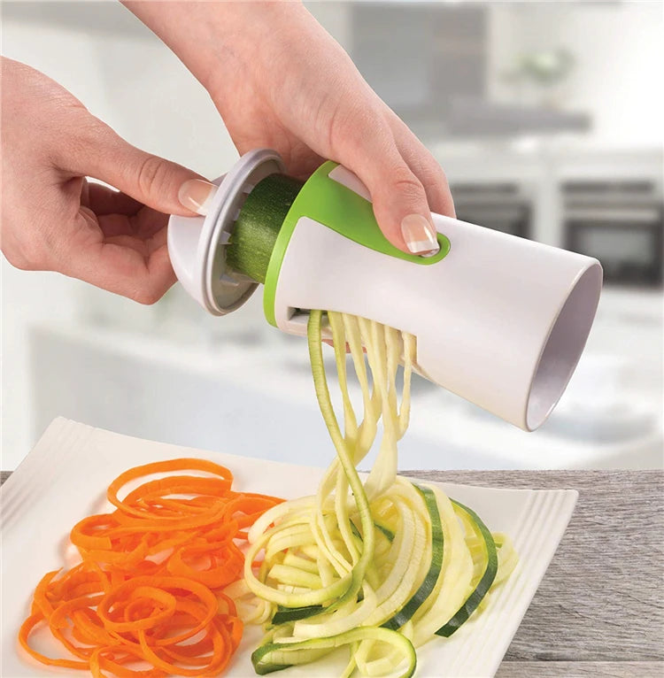 Stainless steel vegetable spiralizer with 3 blades from Showlu Smart General, showcasing the slicer and spiralized vegetables.