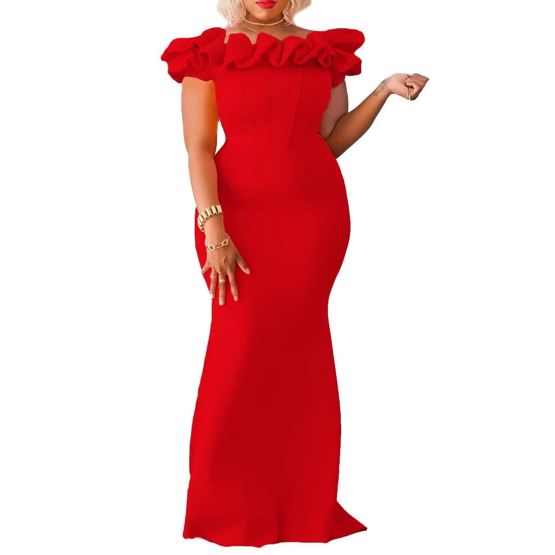 Elegant women's off-shoulder ruffle evening gown by SHOWLU FASHION STORE, featuring a slim fit party dress with flowing fabric.