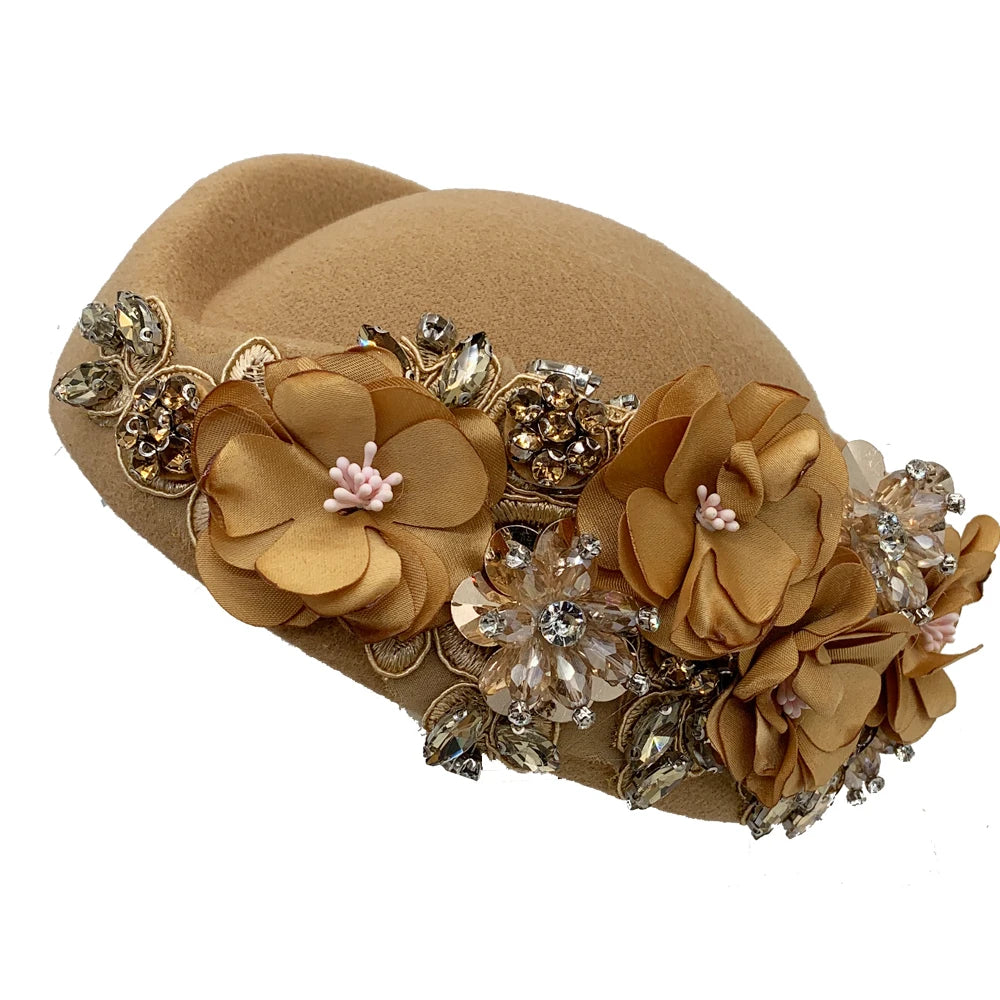 Women Air Stewardess Hat Rhinestone Flower Church Derby Beret Hats for Party Wool Felt Pillbox Costume Cosplay Caps Accessores