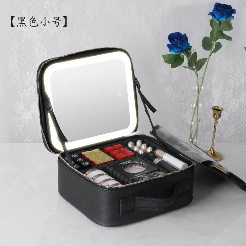 Showlu LED lighted cosmetic case made of waterproof PU leather, stylish makeup bag with built-in LED lighting for easy use.