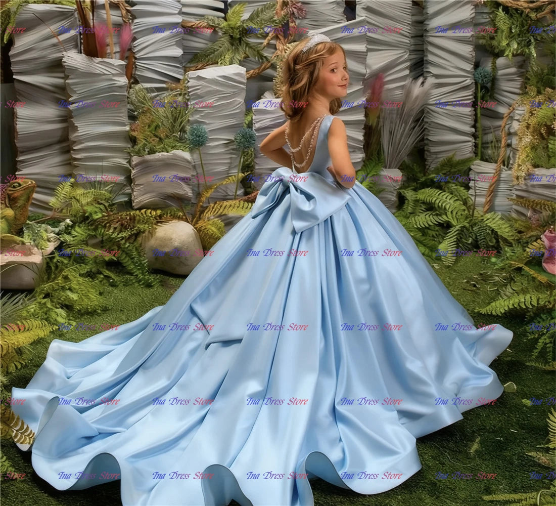Elegant Red Flower Girl Dress Quality Satin Fluffy Pearl Princess Ball Beauty Little Girls Birthday Party Evening Ball Gowns