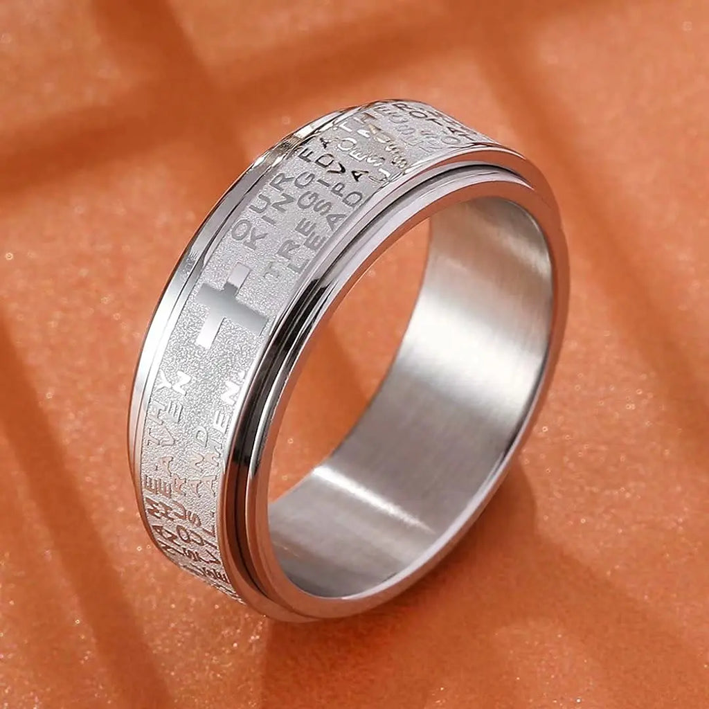 Showlu stainless steel Christian cross spinner anxiety ring for men and women, featuring a detailed cross design and smooth spinning mechanism.