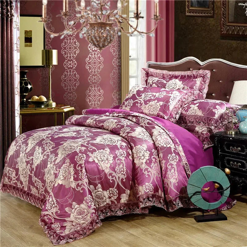 Nordic satin jacquard duvet cover set with luxury flower design from SHOWLU FASHION STORE, elegant bedding for a stylish bedroom.