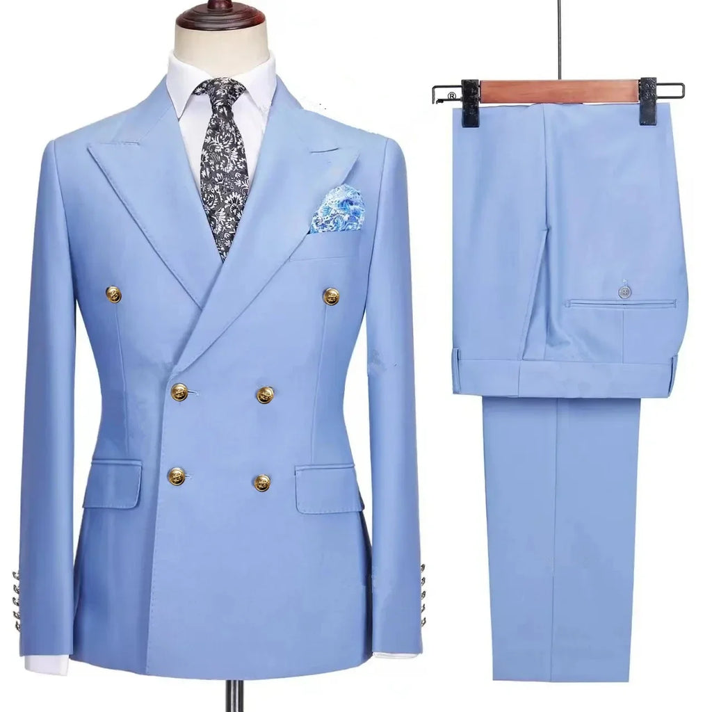 Royal blue double-breasted men's business suit by Showlu Fashion, featuring tailored fit and classic style for professional attire.