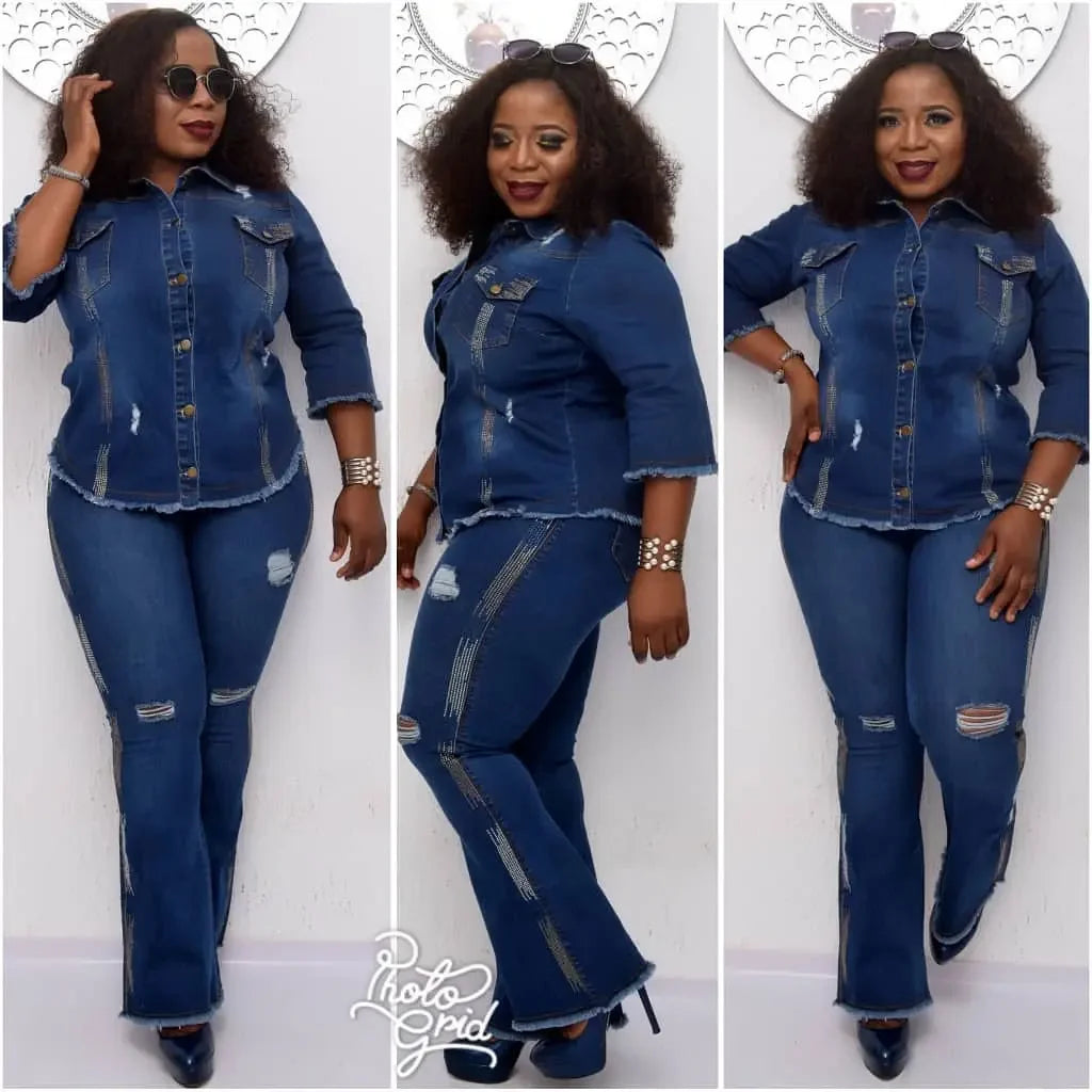 Two-piece women's cowboy outfit with jean jacket and flare pants, featuring turndown collar and hole details, casual style.