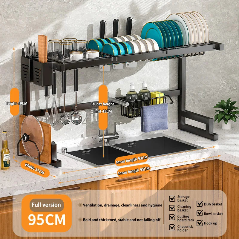 Stainless steel kitchen sink dish drain rack and utensil holder with multiple compartments and drainage design.