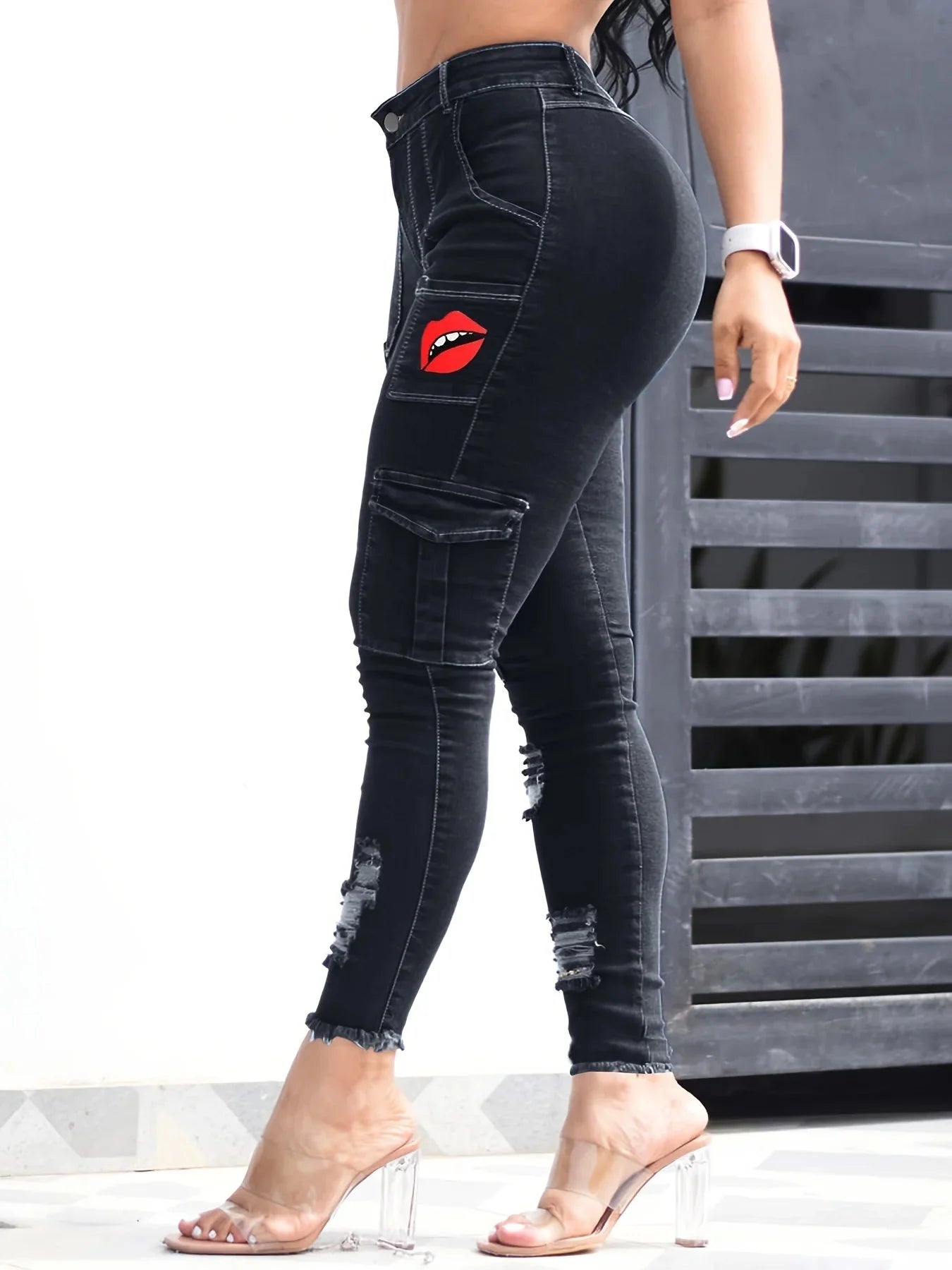 Women's Blue Elastic Jeans With Waist And Hip Lift Tight Little Fee Hairy Edges Sexy Overalls Multi-pocket Pants Lipstick Print SHOWLU FASHION STORE