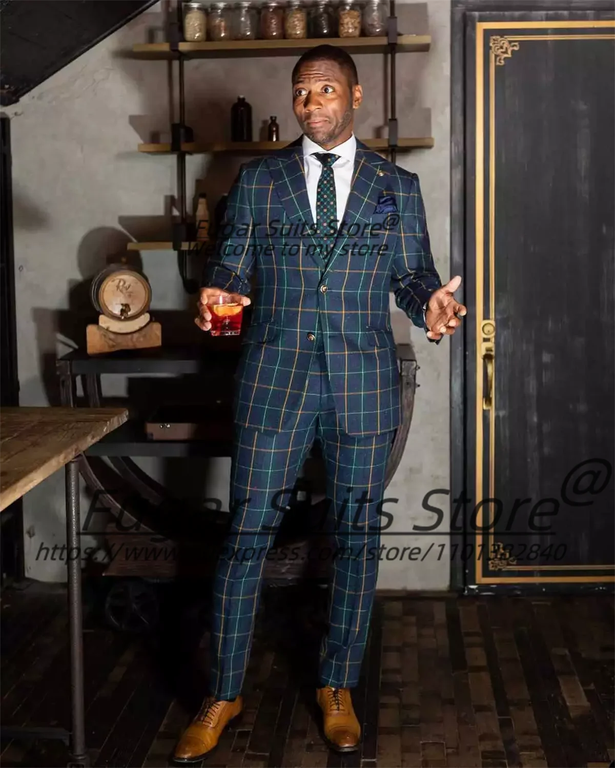 Customized British style colorful plaid men's suit set with slim fit blazer and matching trousers, ideal for formal occasions and business.