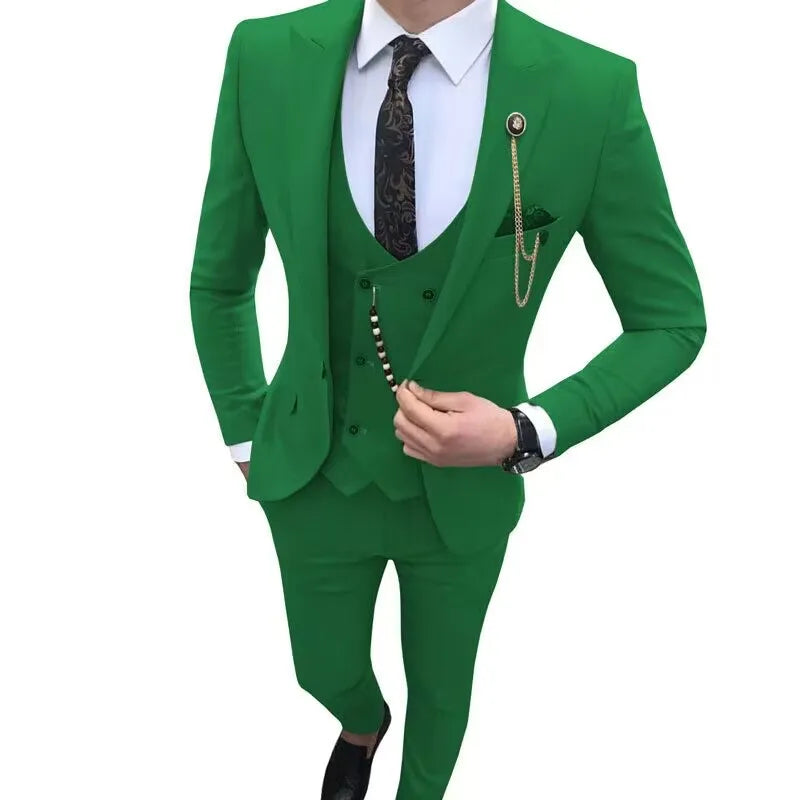SHOWLU Men's 3-piece slim fit wool suit with single-breasted tuxedo jacket, dress shirt, and trousers, suitable for wedding attire.