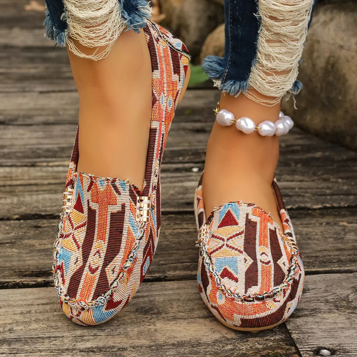 SHOWLU FASHION STORE women's floral fabric loafers, elegant slip-on flat shoes with colorful flower patterns and comfortable design.