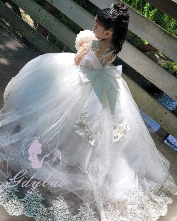 Customized ivory flower girl dress by Showlu Fashion Store featuring appliqué details, floor length, perfect for weddings and special occasions.