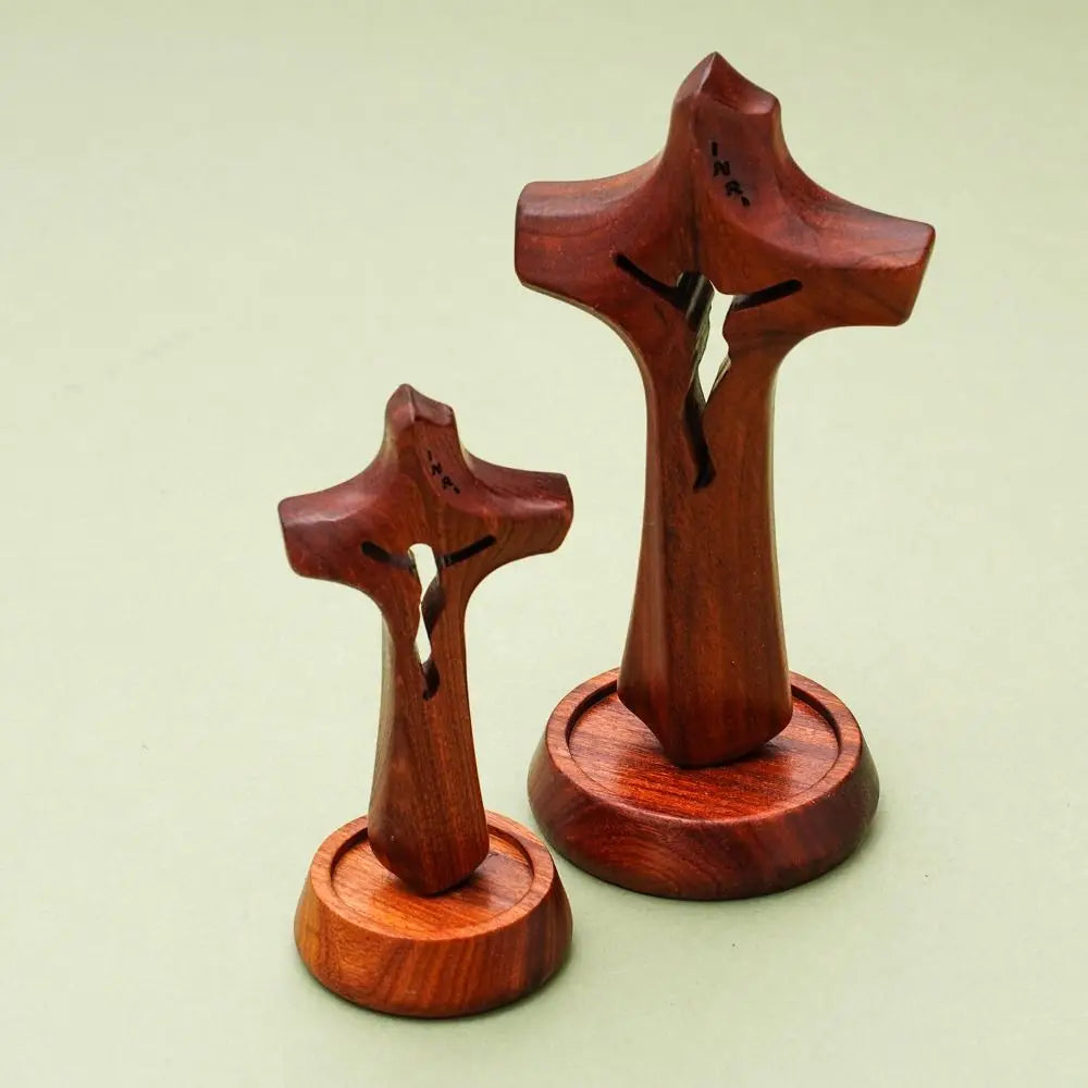 Wooden hollow cross sculpture by Showlu Fashion Store, natural standing religious crucifix with base, vintage wooden cross ornament.