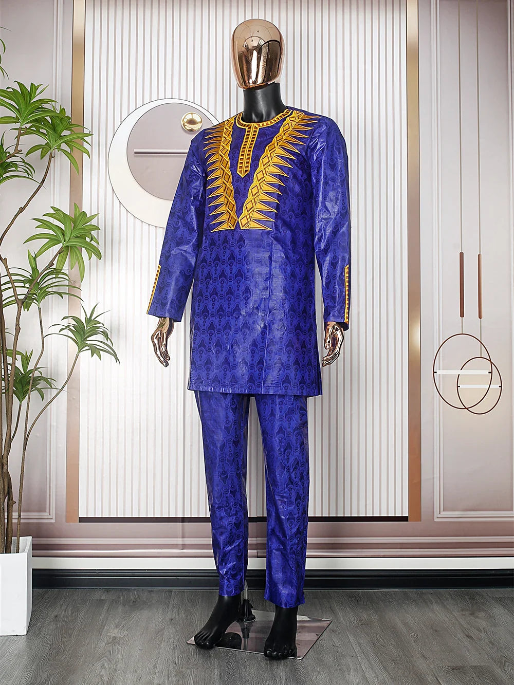 Traditional men's African Dashiki 2-piece set with cotton embroidery Bazin suit, featuring vibrant colors and intricate designs.