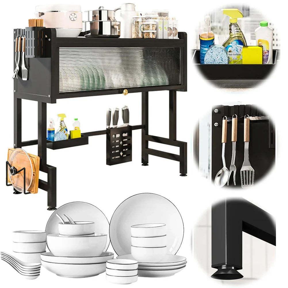Steel 3-tier over the sink dish drying rack with cover organizer, showing multiple levels and a cover for drying dishes and utensils.