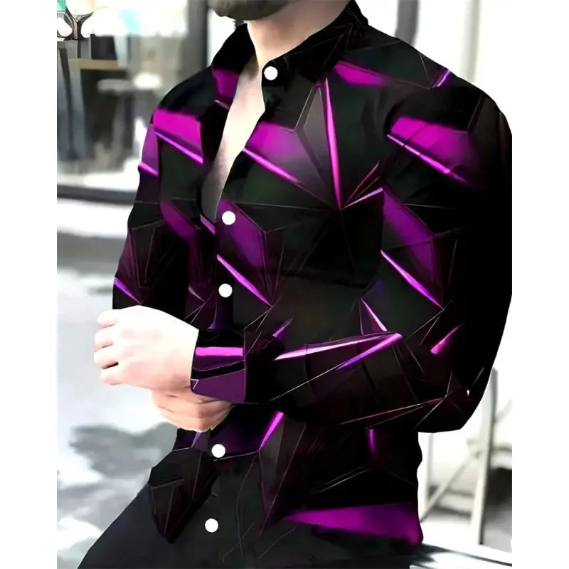 Colorful 3D printed Hawaiian shirt for men with simple geometric pattern, long sleeve, casual lapel top by Showlu Fashion.