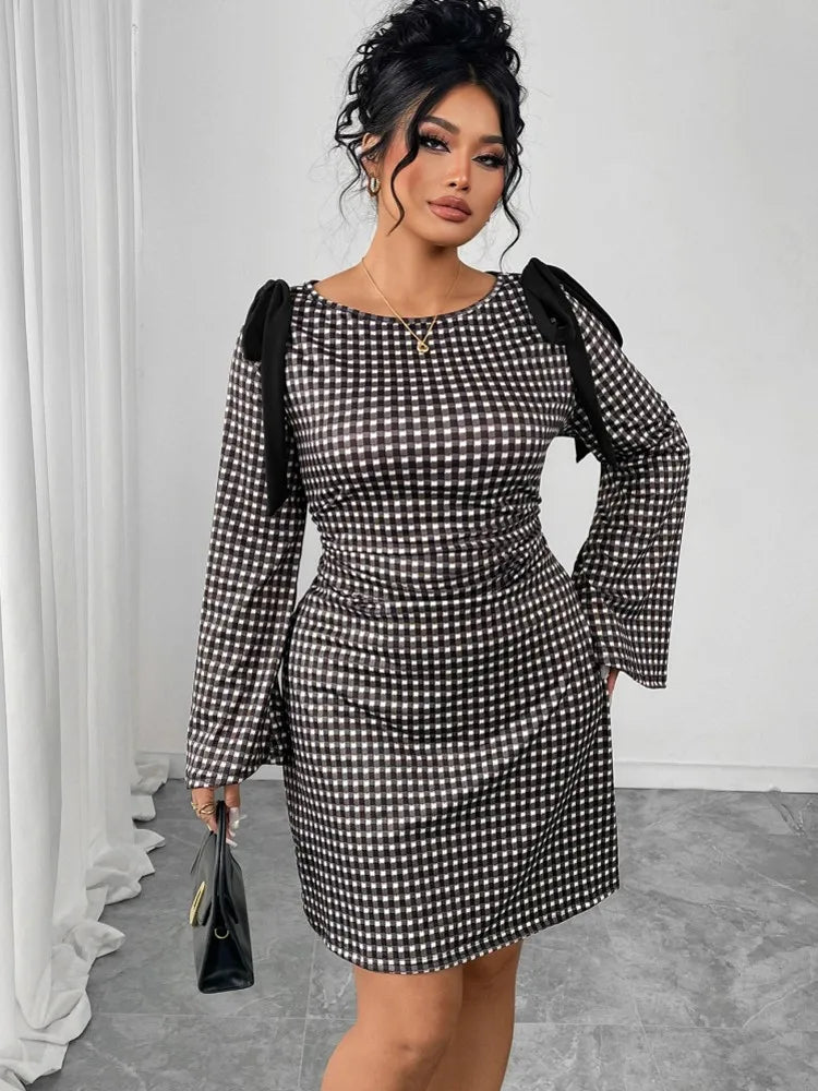 Showlu Fashion Women's grid print slim fit pencil dress with long sleeves and O-neck, perfect for stylish office or evening wear.