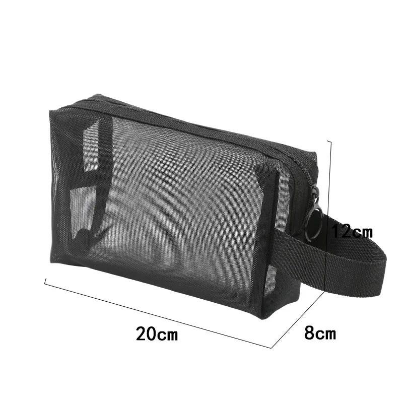 Large black mesh travel cosmetic bag with multiple compartments for makeup and toiletries, ideal for organized storage.