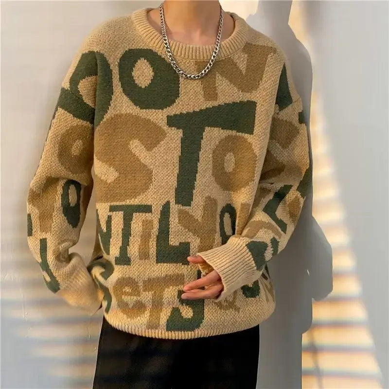 Men's vintage letter streetwear knitted sweater by Showlu Fashion, casual round neck long sleeve pullover, autumn winter style