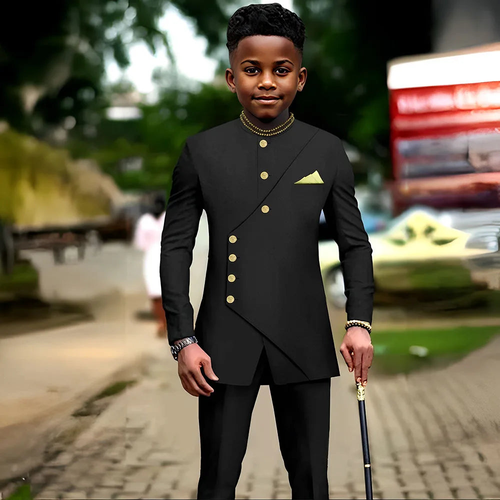 African boys' 2-piece suit with jacket and pants from Showlu Fashion, ideal for parties, weddings, and special occasions for ages 2-16.