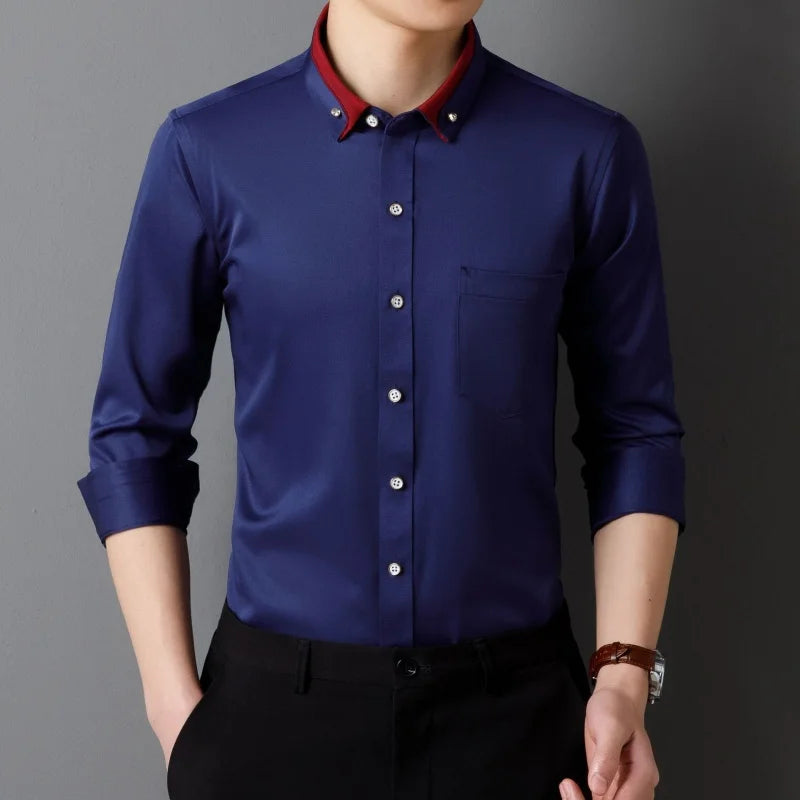 Men's Shirt Long Sleeve Elastic Wrinkle Proof Business Office Spring and Autumn Top Classic Solid royal blue -Black -White-green