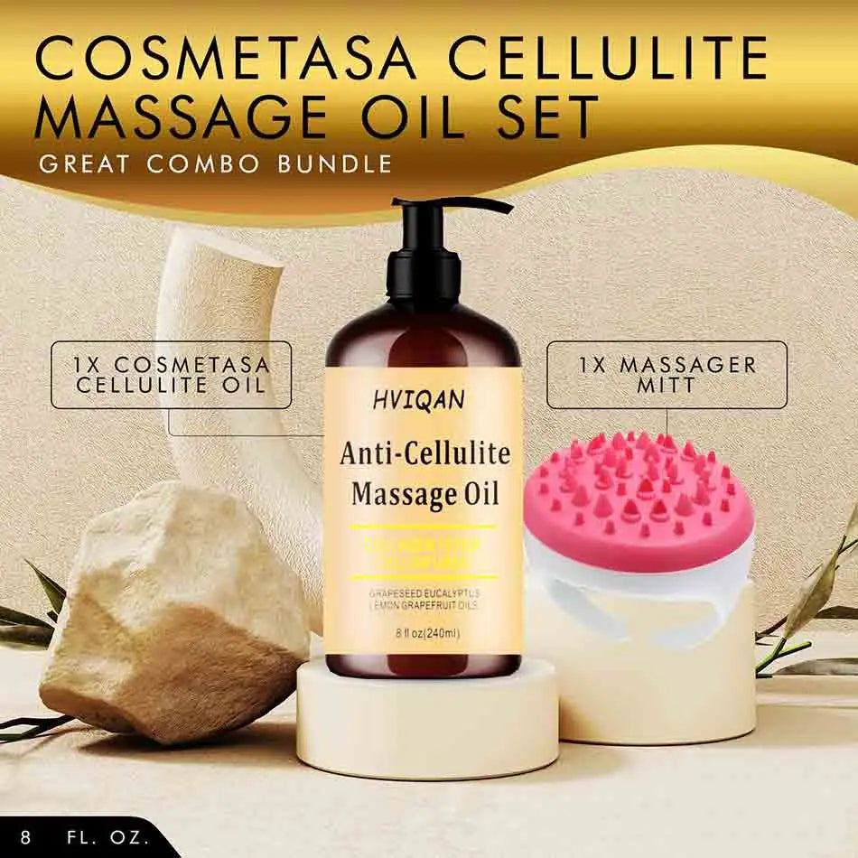 Showlu Anti-Cellulite Massage Oil with collagen and stem cells for skin tightening, displayed in a clear bottle on a white background.