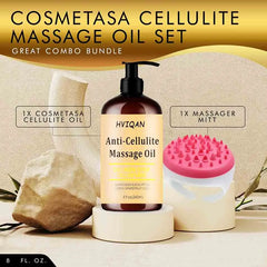 A bottle of anti-cellulite massage oil and a pink handheld massage mitt on display.