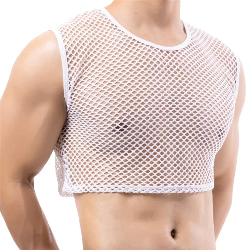 Men's transparent fishnet crop top by Showlu Fashion featuring mesh hollow-out design, sleeveless tank top for gym or nightclub wear.