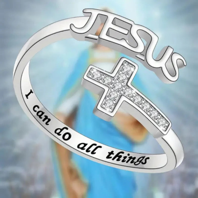 Silver Cross Jesus Zircon ring by Showlu Fashion Store featuring prayer-themed design and sparkling zircon accents.