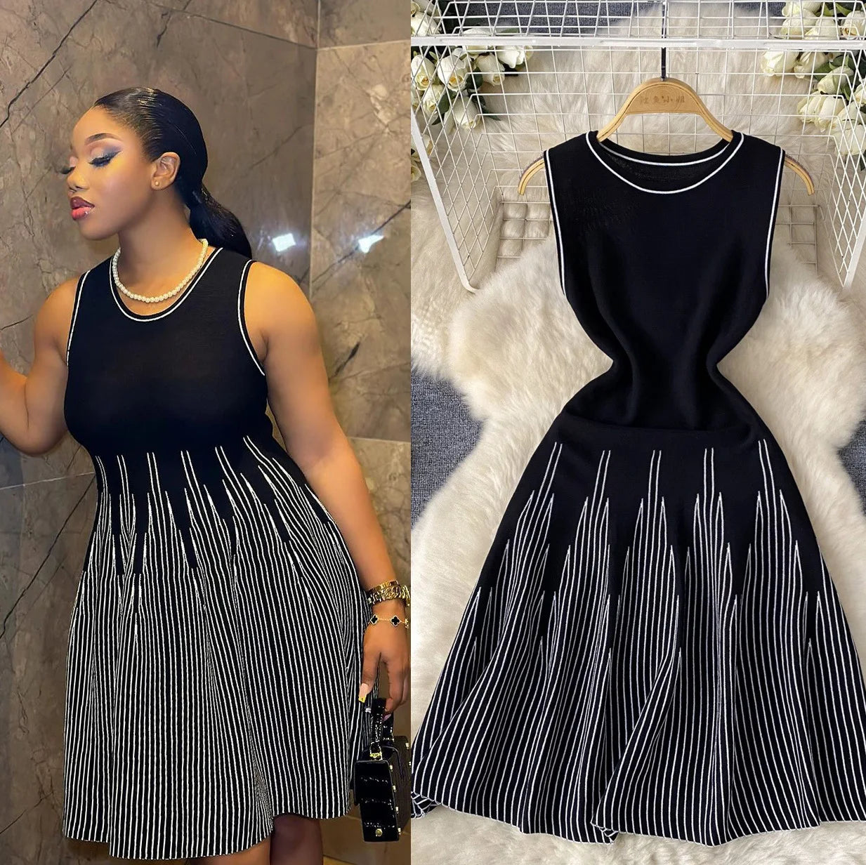 Showlu Fashion women's mini A-line bodycon dress featuring sleeveless design, round neck, knitted fabric, perfect for streetwear and parties.