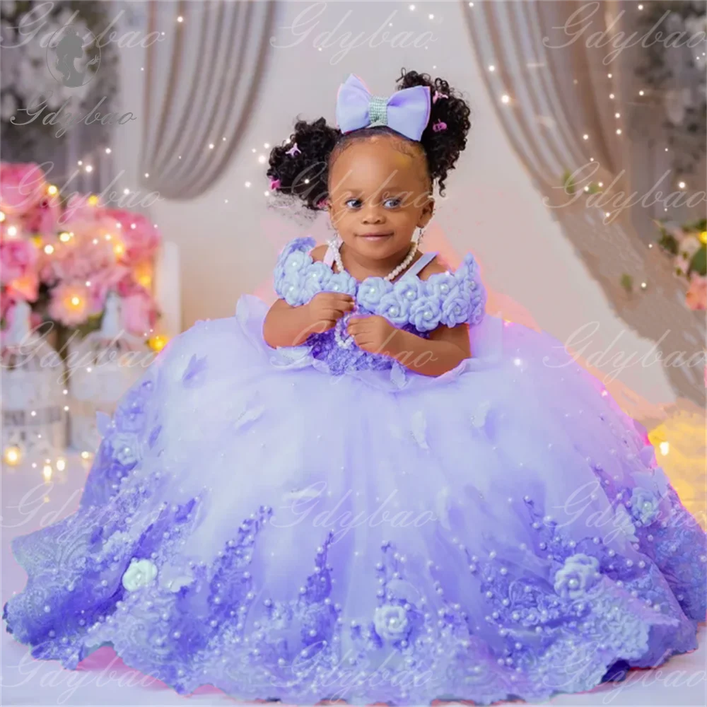 Pink Flower Girl Dresses Luxury Big Pearls Lace Ball Gown First Communion Dress Birthday Photos Shoot Gowns for Party
