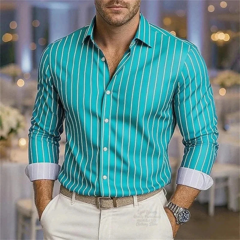 Men's stylish striped casual button-down shirt with long sleeves, breathable fabric, and a classic lapel from Showlu Fashion Store.