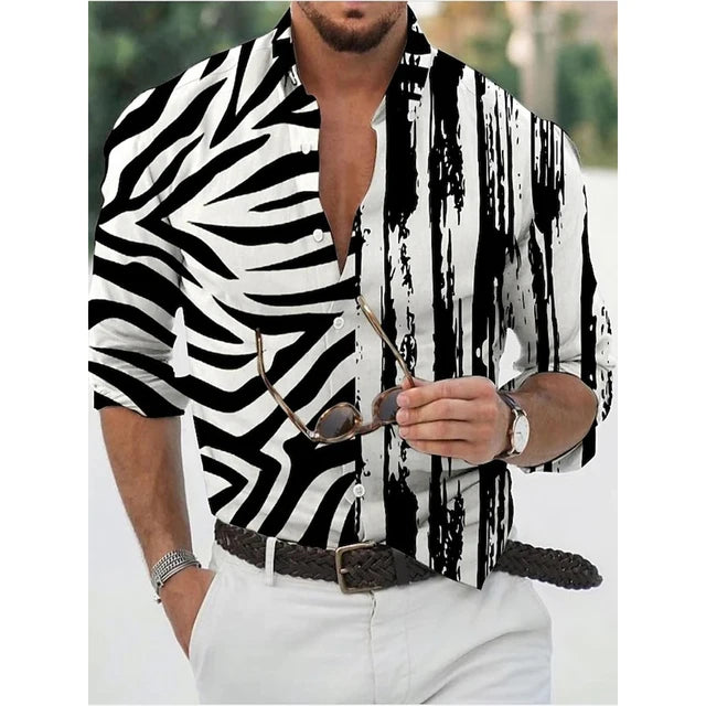 Men's Hawaiian piano luxury designer shirt by Showlu Fashion, floral 3D print long sleeve casual top for gentlemen.