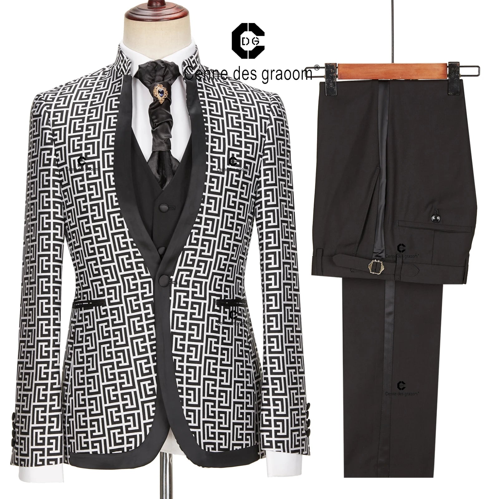 Floral Jacquard Men's Suit For Wedding Groom Tuxedo Stand Collar Formal Party Male Dress Blazer Pants Vest 3 Piece Costume Homme SHOWLU FASHION STORE