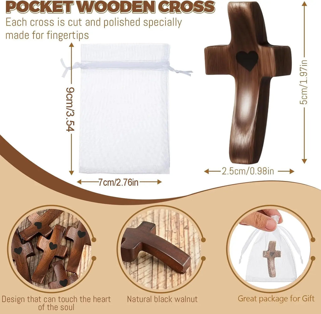 Set of 12 wooden pocket calming crosses with organza bags, stress relief fidget crosses for baptism and religious comfort.