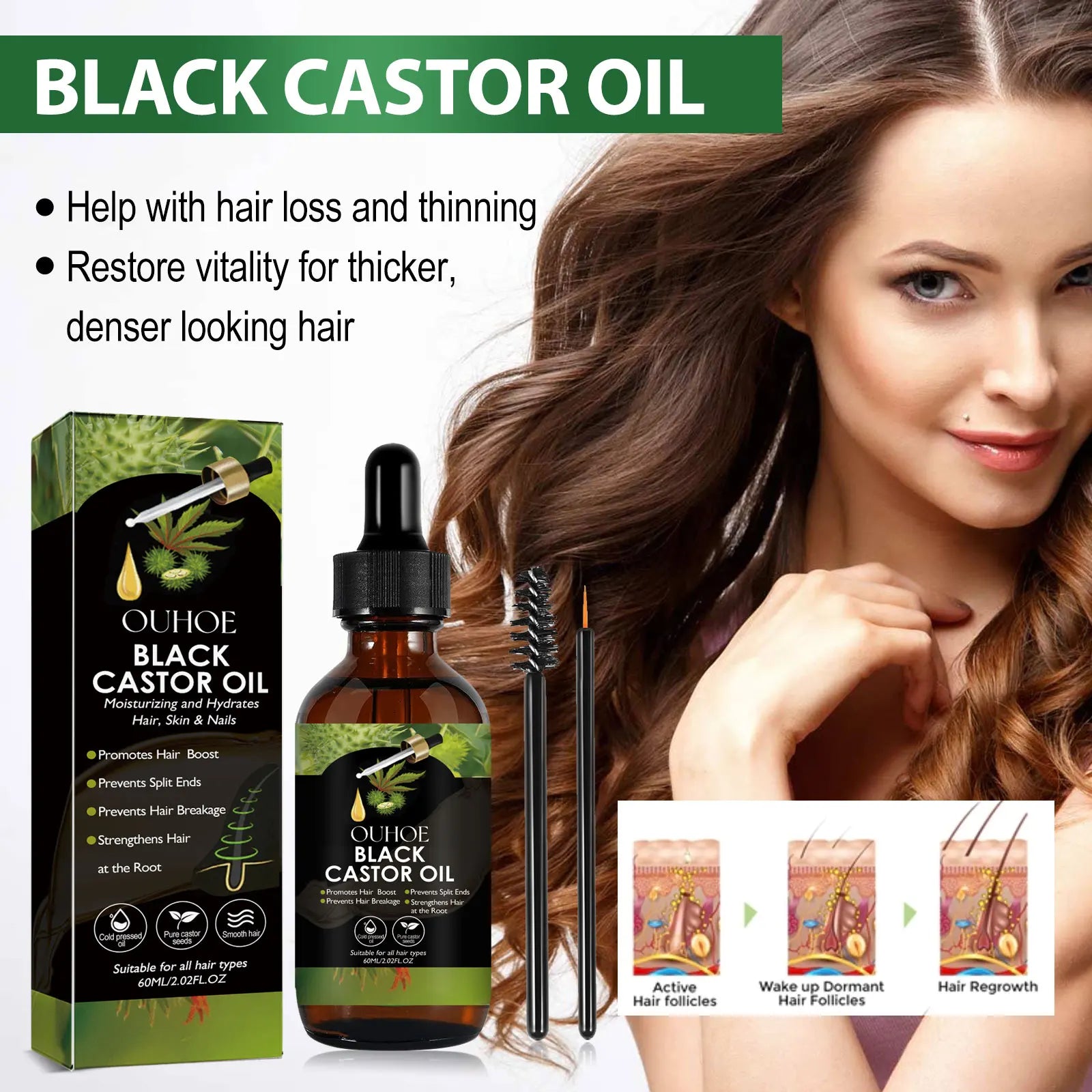 Black castor oil serum by OUHOE for hair growth, natural and organic hair loss treatment with a dark bottle and dropper applicator.