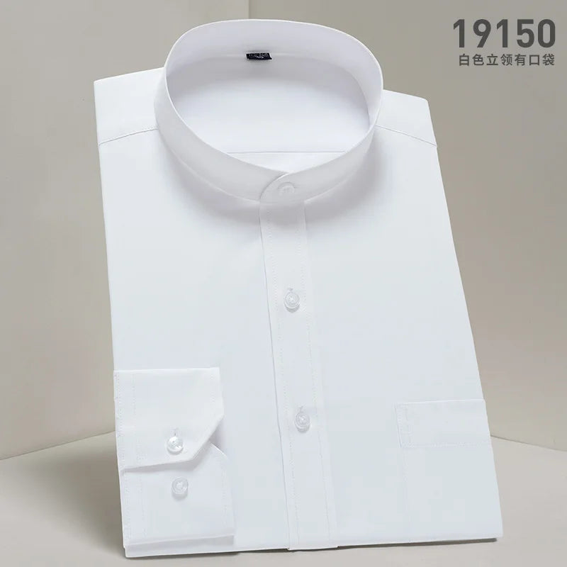 Men's white slim fit long sleeve shirt with stand-up collar and round neck, featuring a vertical collar design by Showlu Fashion Store.