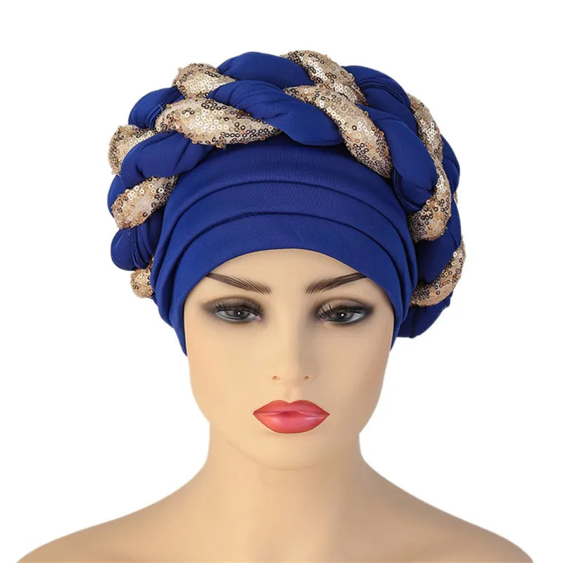 Sequins Braid Turban Cap for women African autogele Headtie