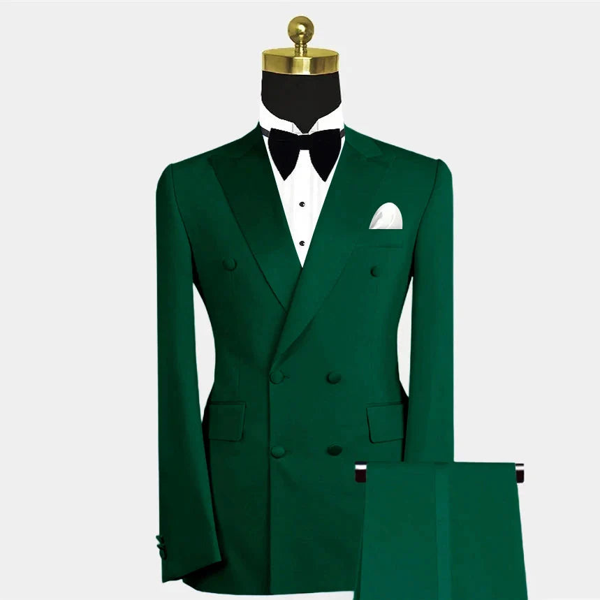 SHOWLU men's blue double-breasted slim fit 2-piece suit for wedding or prom, tailored with a classic, stylish design.