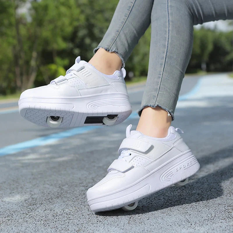 Kids' white roller skates with two wheels and chunky skateboard-style shoes by JLmoito, perfect for active play.