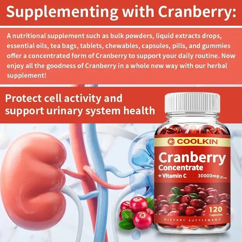 Showlu Fashion Store cranberry supplement bottle for urinary tract, bladder health, gut health, and immunity with vitamin C.