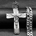 Gold stainless steel Christian Jesus cross crucifix necklace with chain, showcasing religious jewelry design.