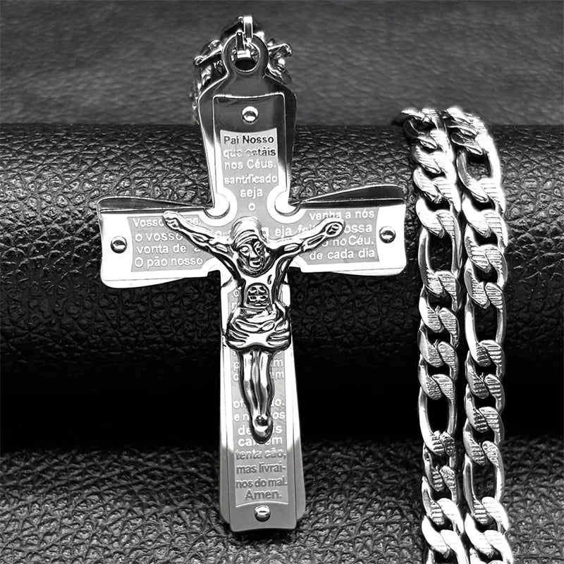 Gold stainless steel Christian Jesus cross crucifix necklace with chain, showcasing religious jewelry design.