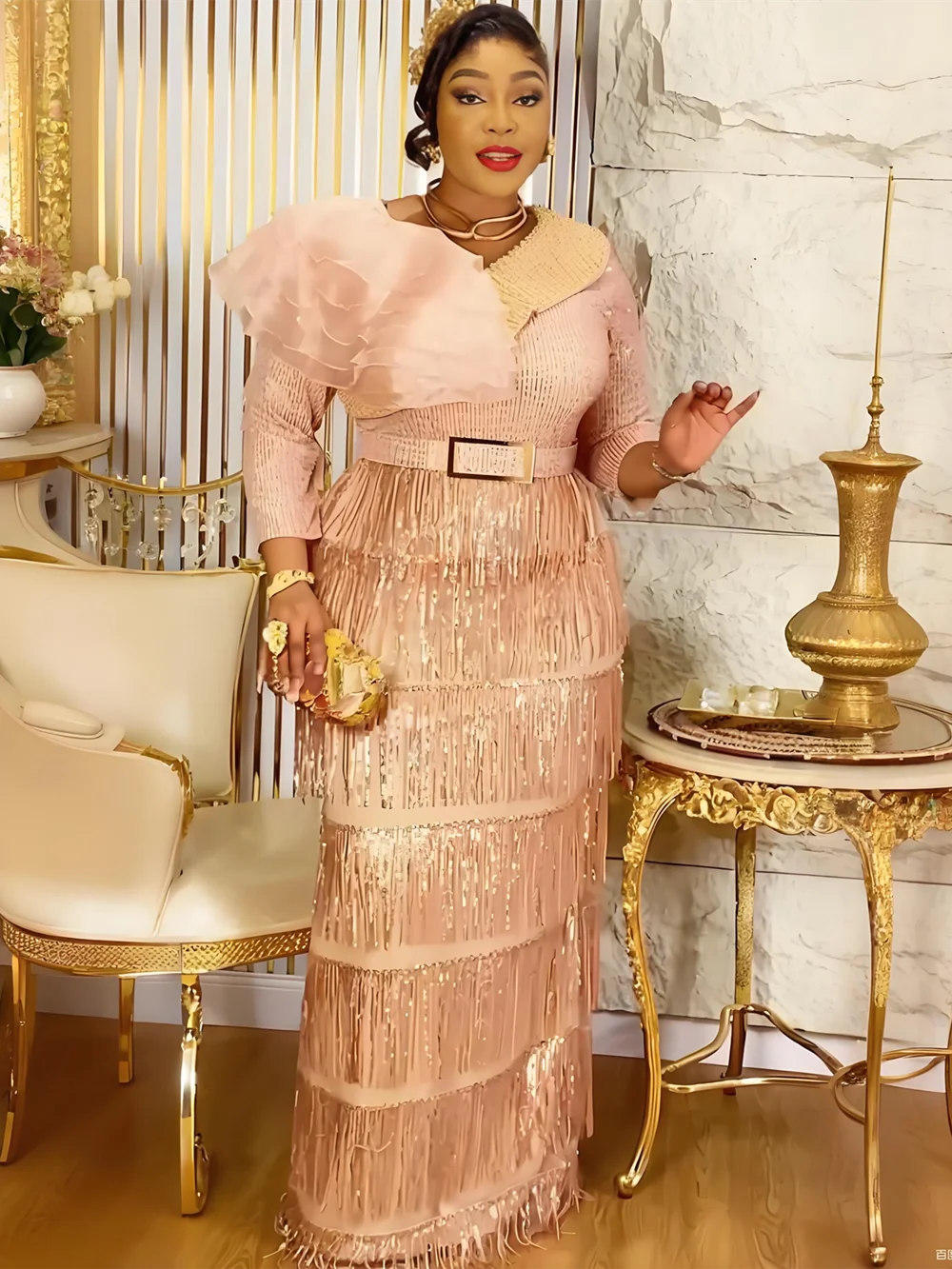 Plus size African party dress by Showlu Fashion, elegant Turkish maxi gown with dashiki, tassels, and sequins for women at evening events